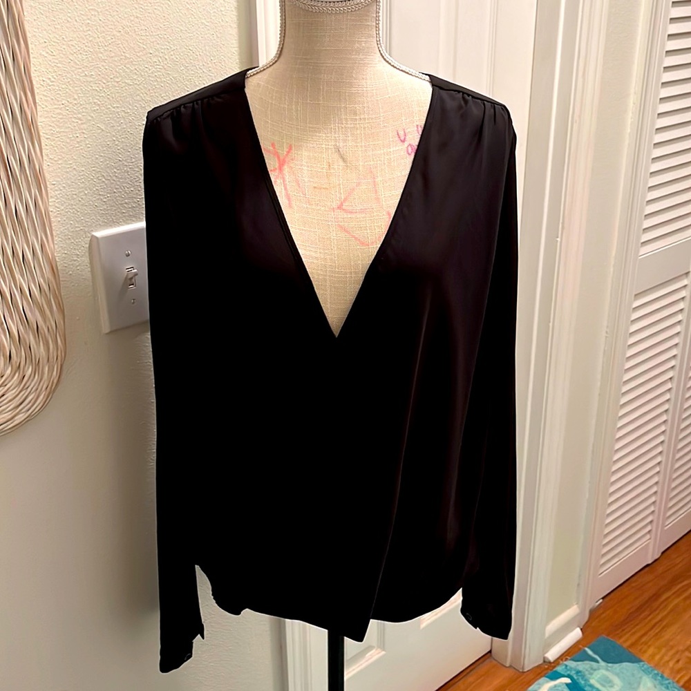 Long Elegant Legs black faux wrap blouse
